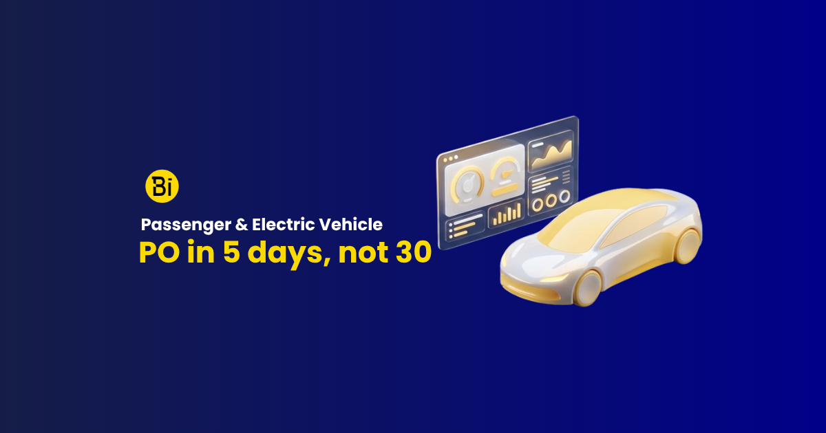 Brandintellé case study graphic: a car and a dashboard, showing purchase orders reaching vendors in 5 days instead of 30.